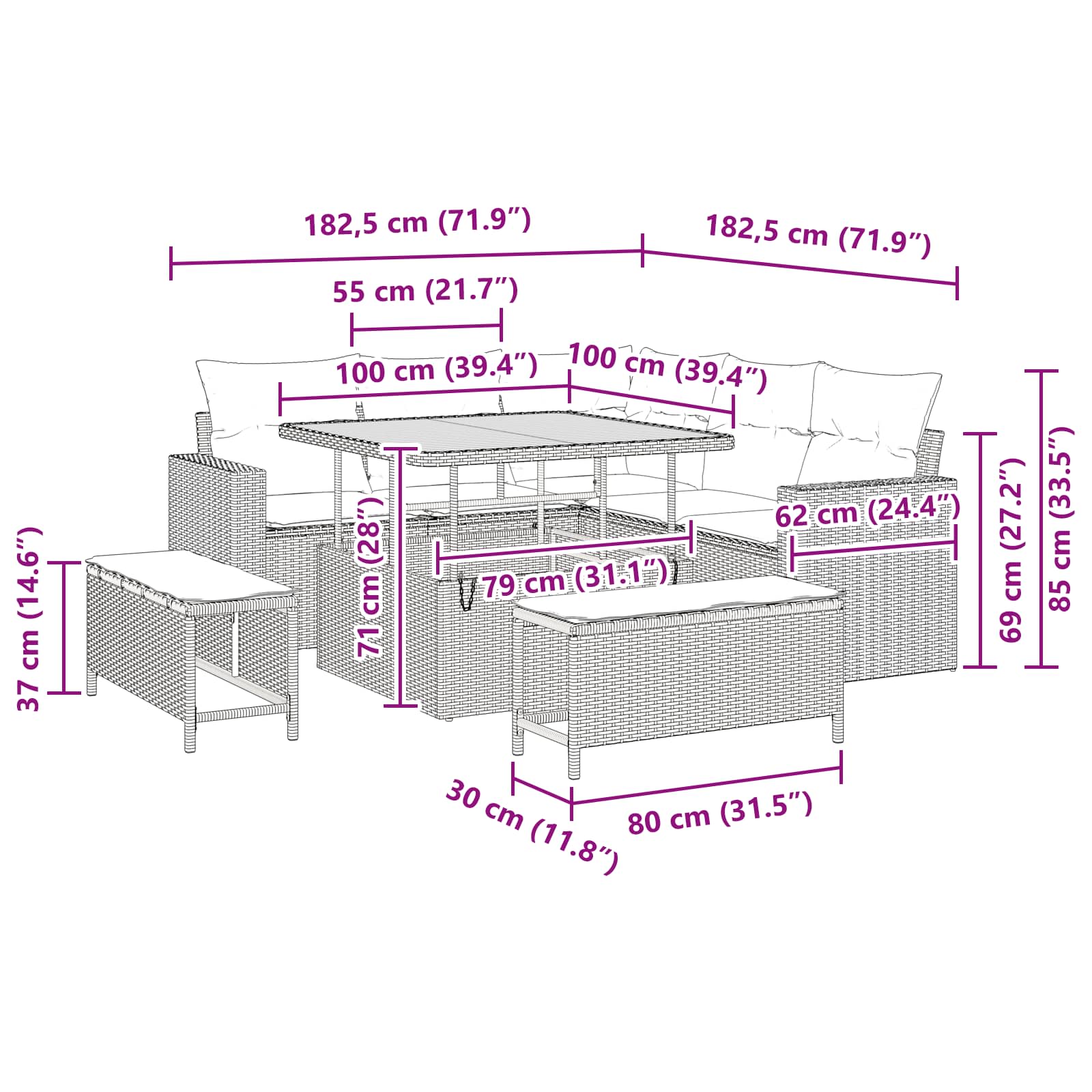 Garden Sofa Set Height-Adjustable 8 pcs Black Poly Rattan