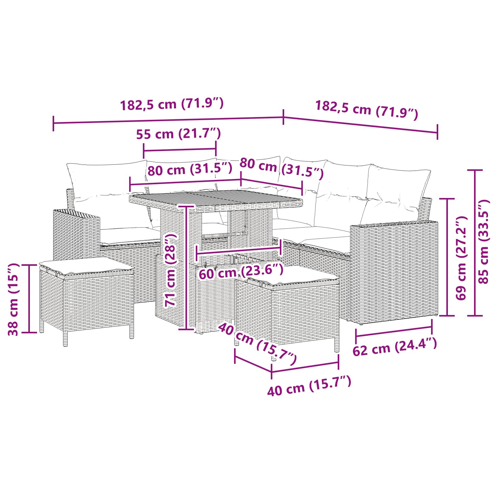 Garden Sofa Set Height-Adjustable 8 pcs Black Poly Rattan