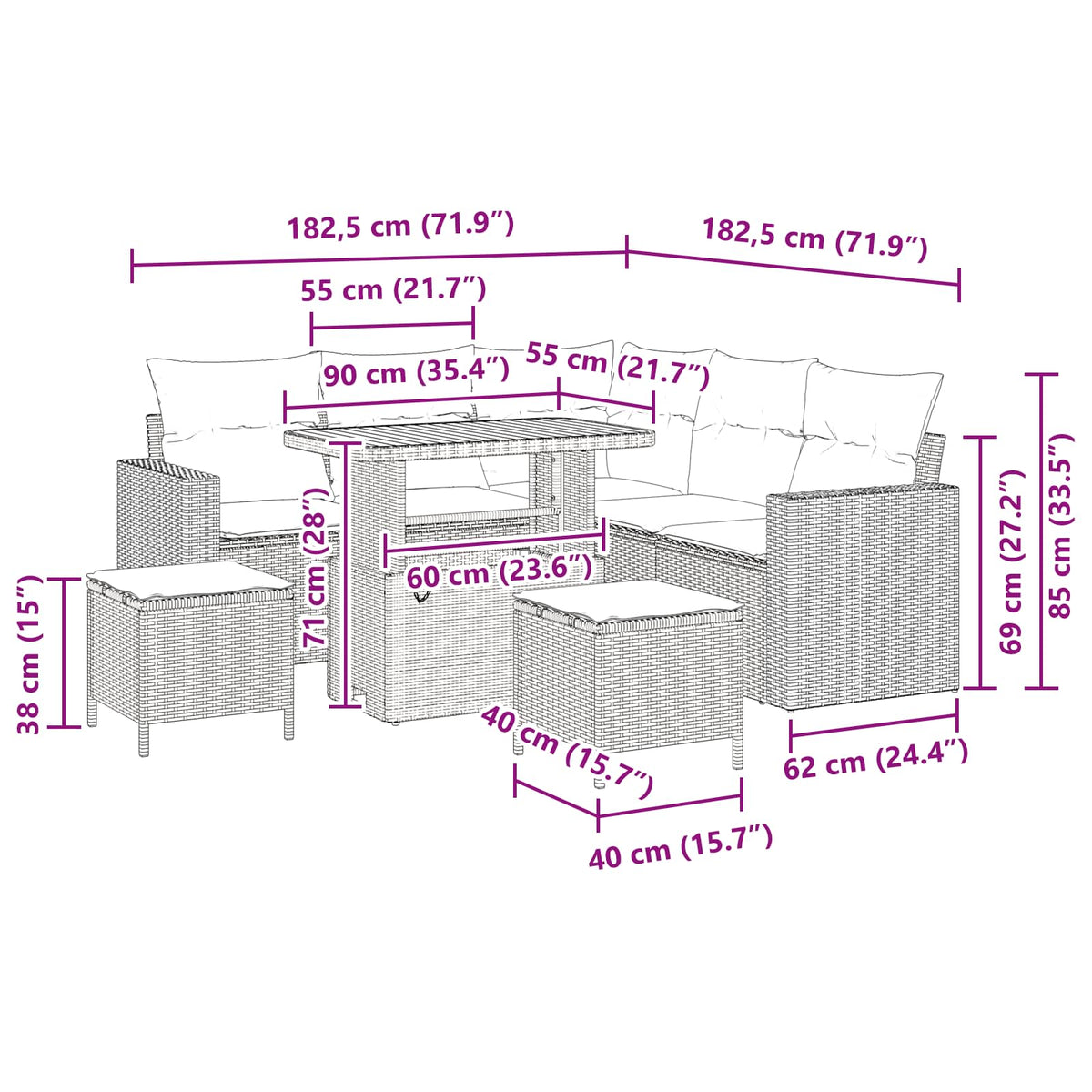Garden Sofa Set Height-Adjustable 8 pcs Black Poly Rattan