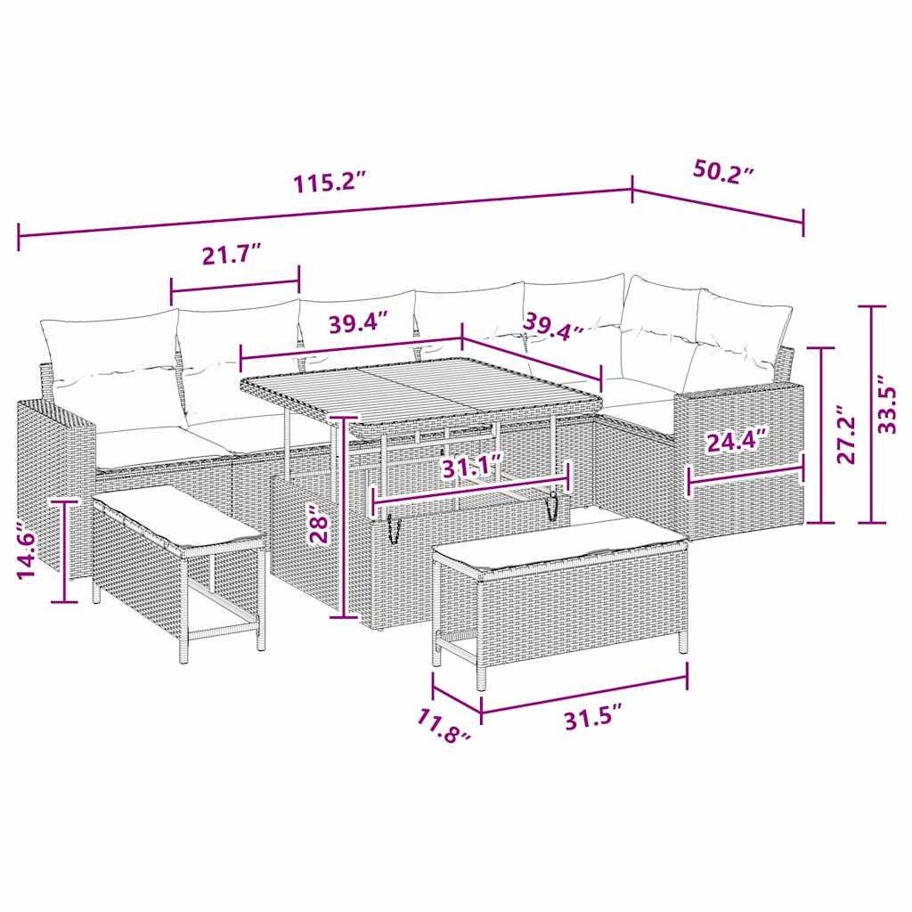 Garden Sofa Set Height-Adjustable 9 pcs Black Poly Rattan