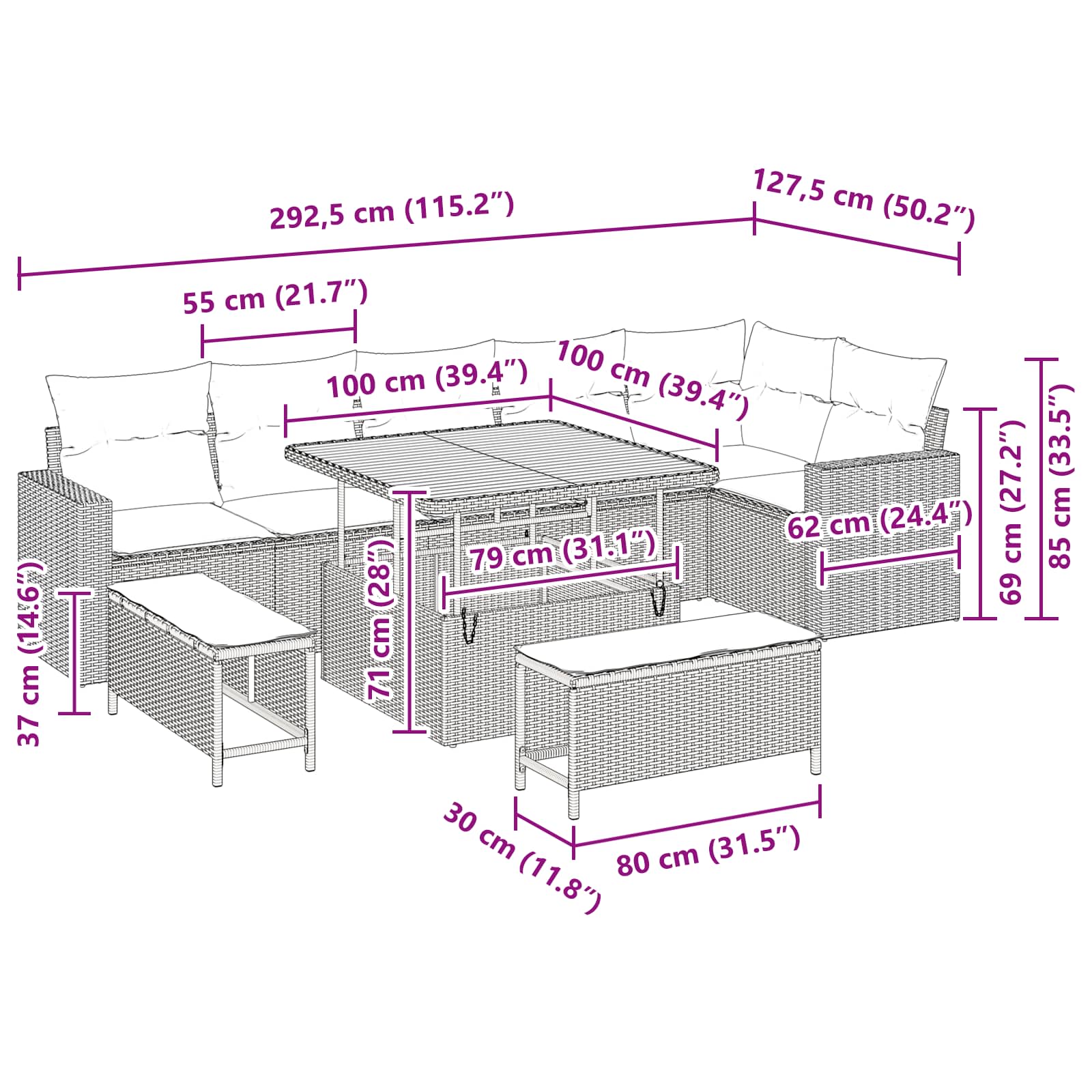Garden Sofa Set Height-Adjustable 9 pcs Black Poly Rattan