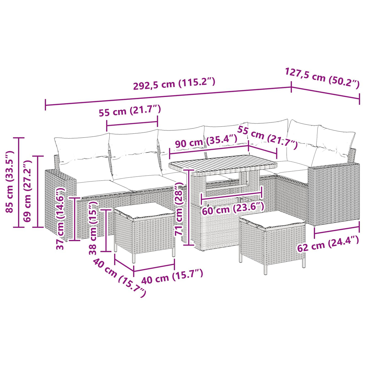 Garden Sofa Set Height-Adjustable 9 pcs Black Poly Rattan