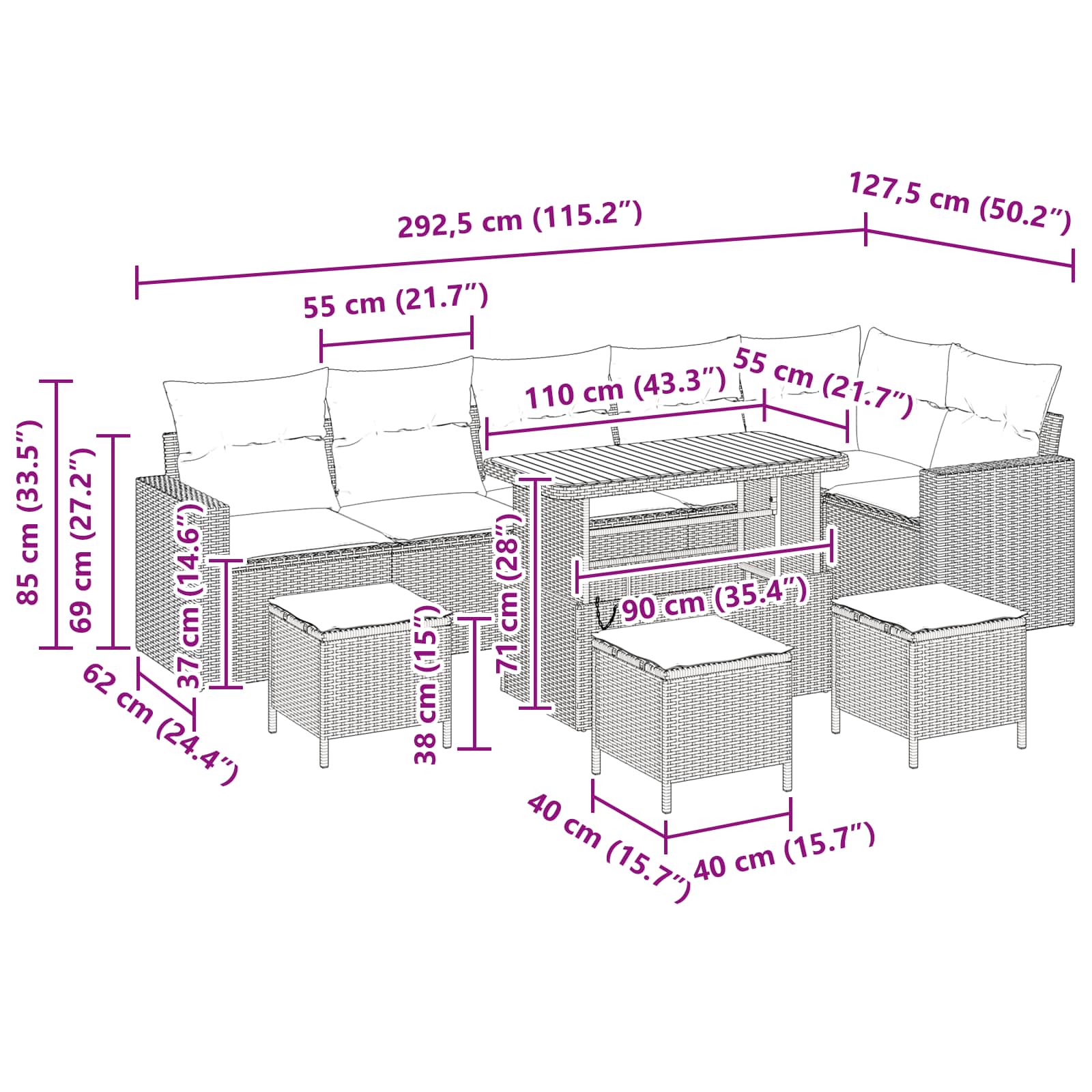 Garden Sofa Set Height-Adjustable 10 pcs Black Poly Rattan
