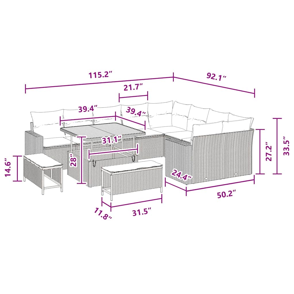 Garden Sofa Set Height-Adjustable 12 pcs Black Poly Rattan