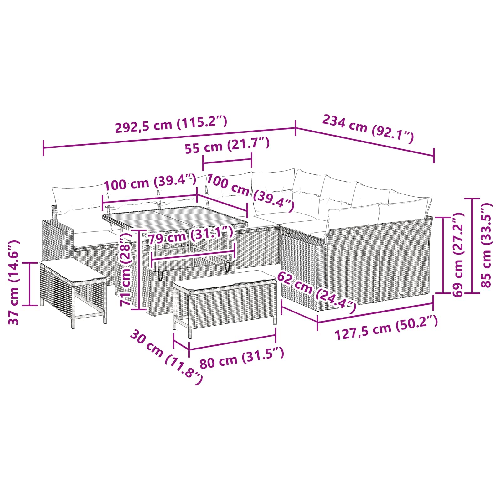 Garden Sofa Set Height-Adjustable 12 pcs Black Poly Rattan