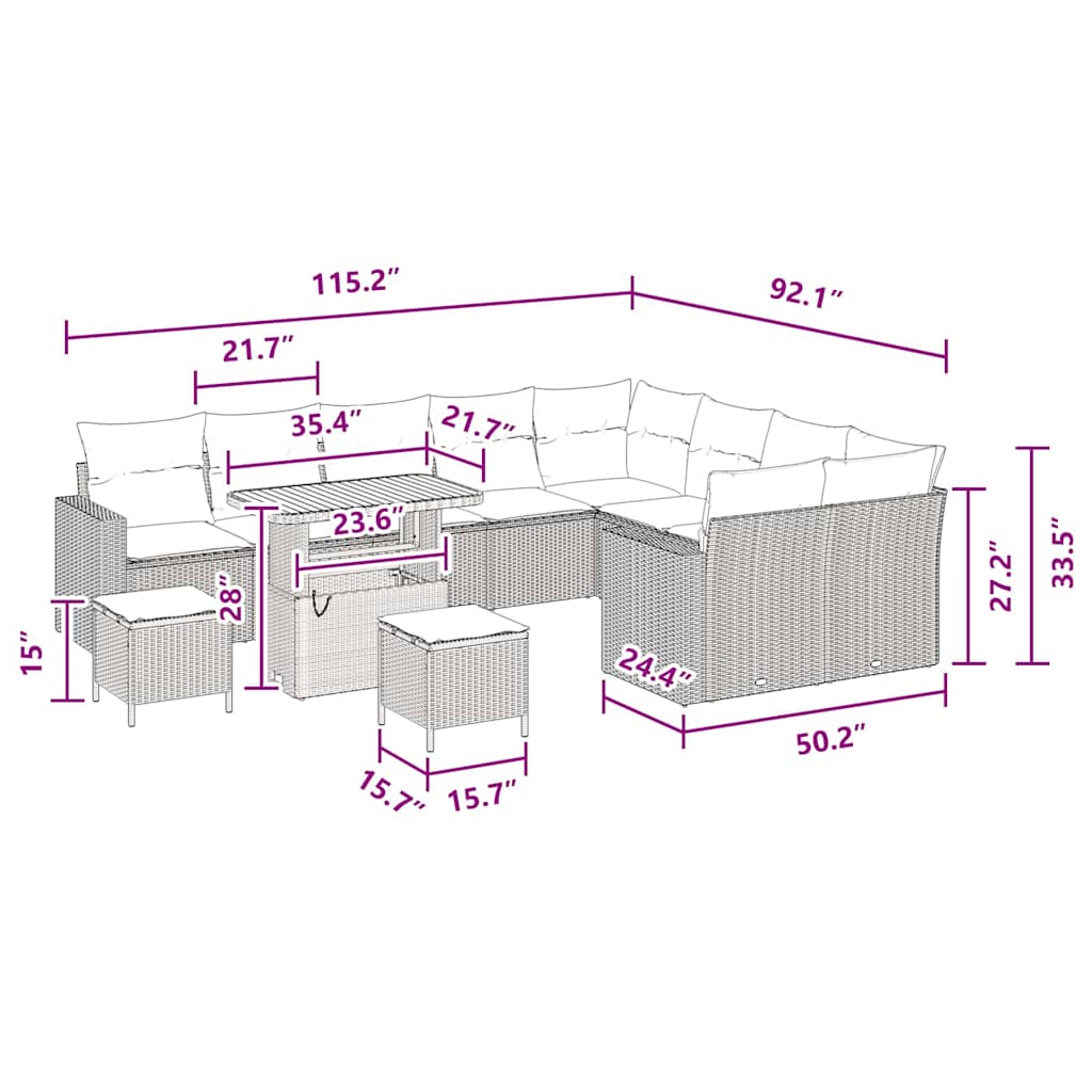 Garden Sofa Set Height-Adjustable 12 pcs Black Poly Rattan
