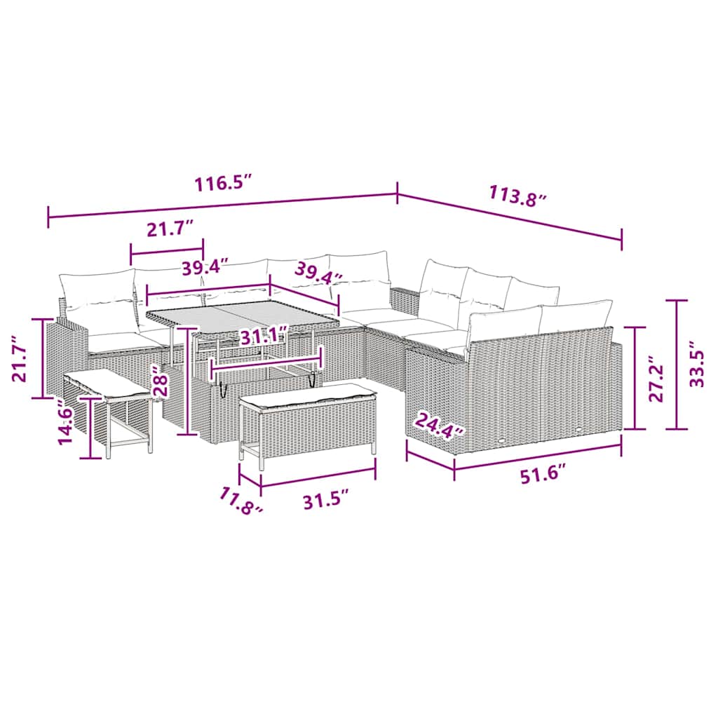 Garden Sofa Set Height-Adjustable 13 pcs Black Poly Rattan