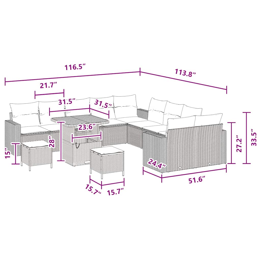 Garden Sofa Set Height-Adjustable 13 pcs Black Poly Rattan