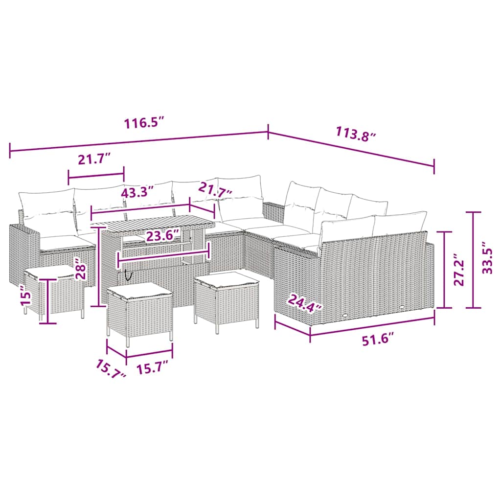 Garden Sofa Set Height-Adjustable 14 pcs Black Poly Rattan