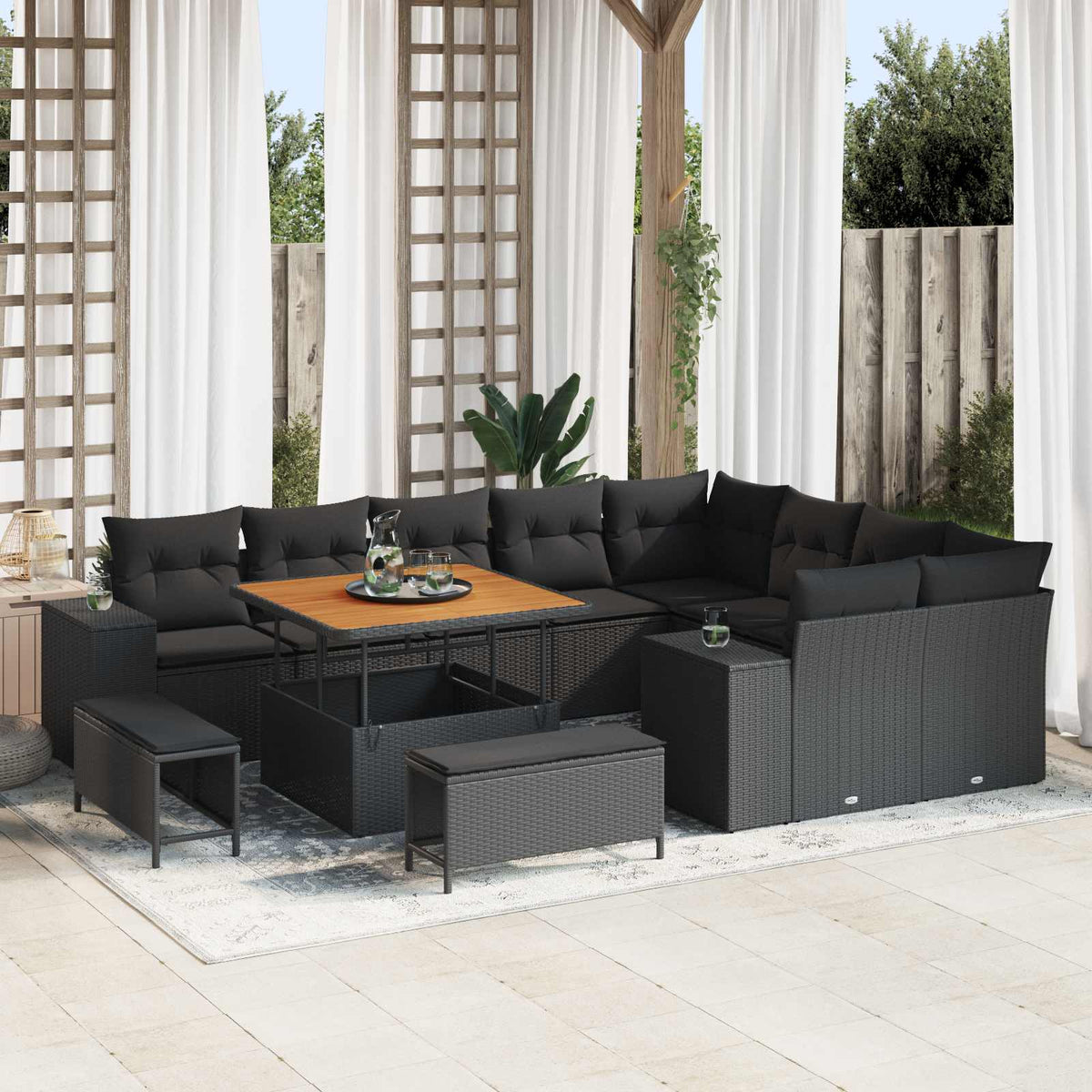 Garden Sofa Set with Cushion 12 pcs Black Poly Rattan