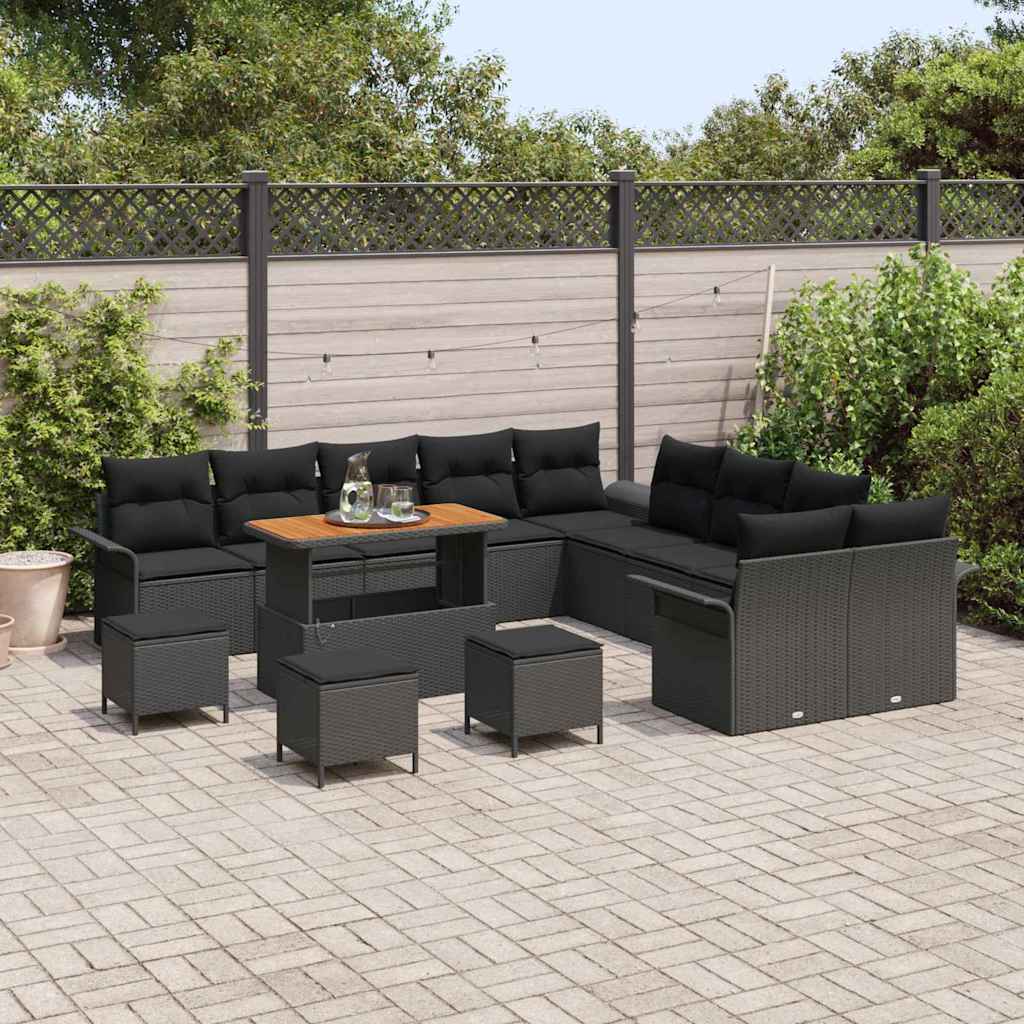 Garden Sofa Set Height-Adjustable 14 pcs Black Poly Rattan
