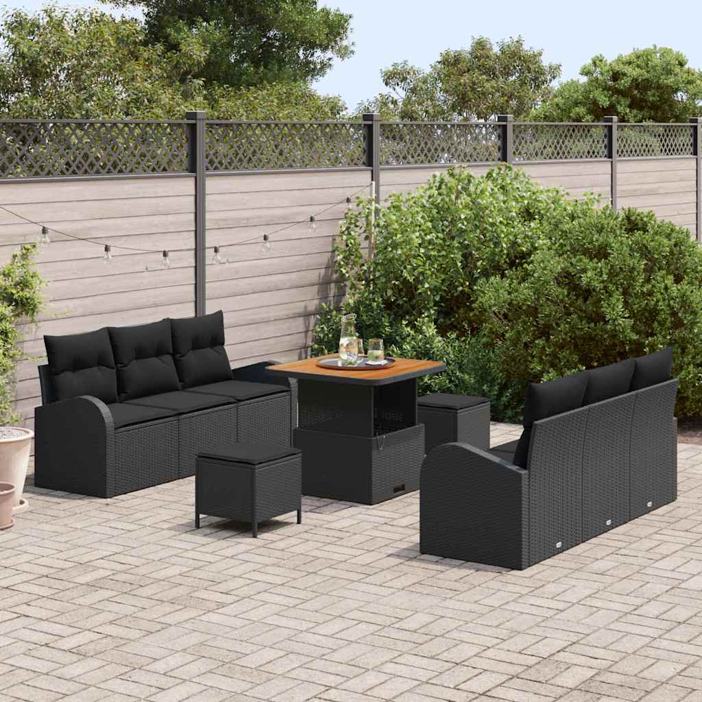 Garden Sofa Set with Cushion 9 pcs Black Poly rattan