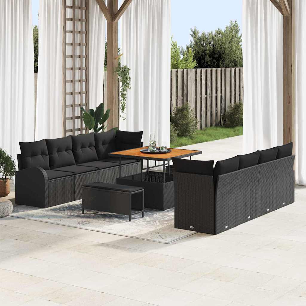 Garden Sofa Set with Cushion 11 pcs Black Poly Rattan