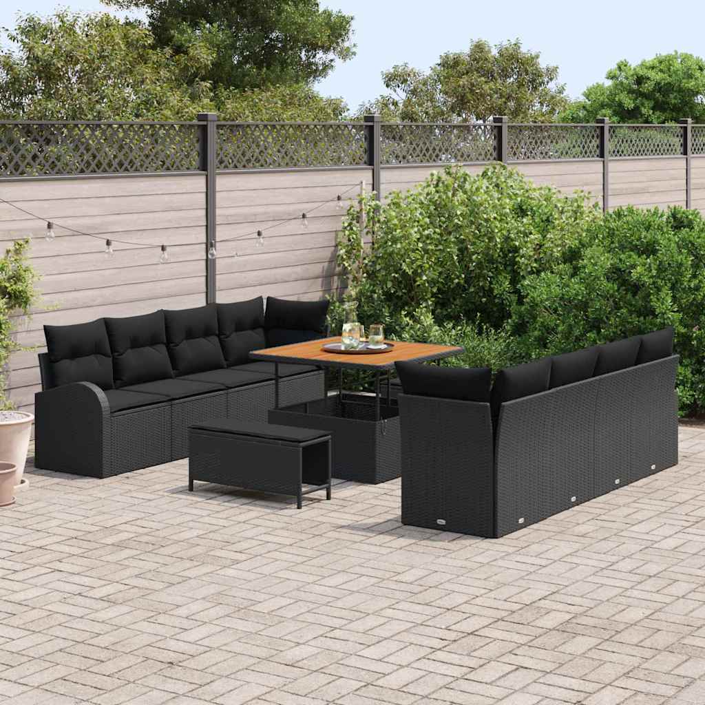Garden Sofa Set with Cushion 11 pcs Black Poly Rattan