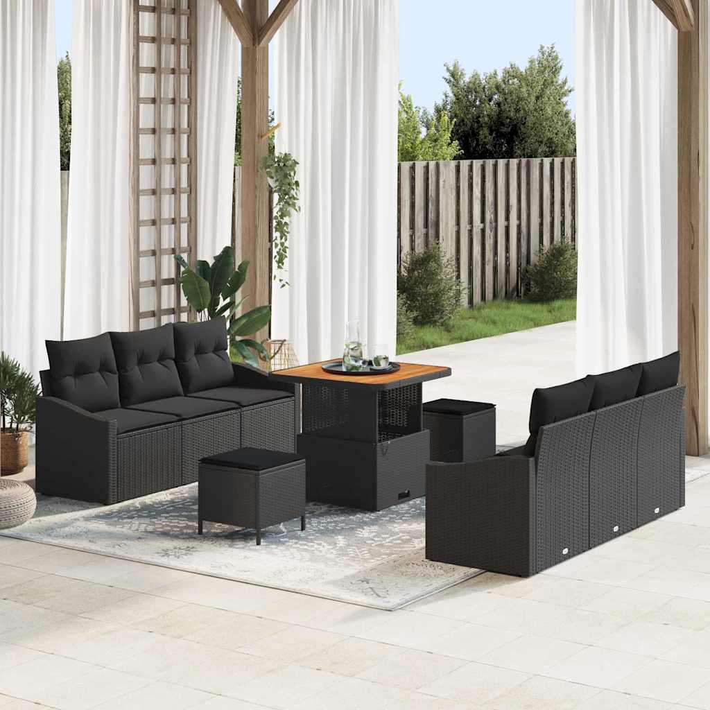 Garden Sofa Set with Cushion 9 pcs Black Poly rattan