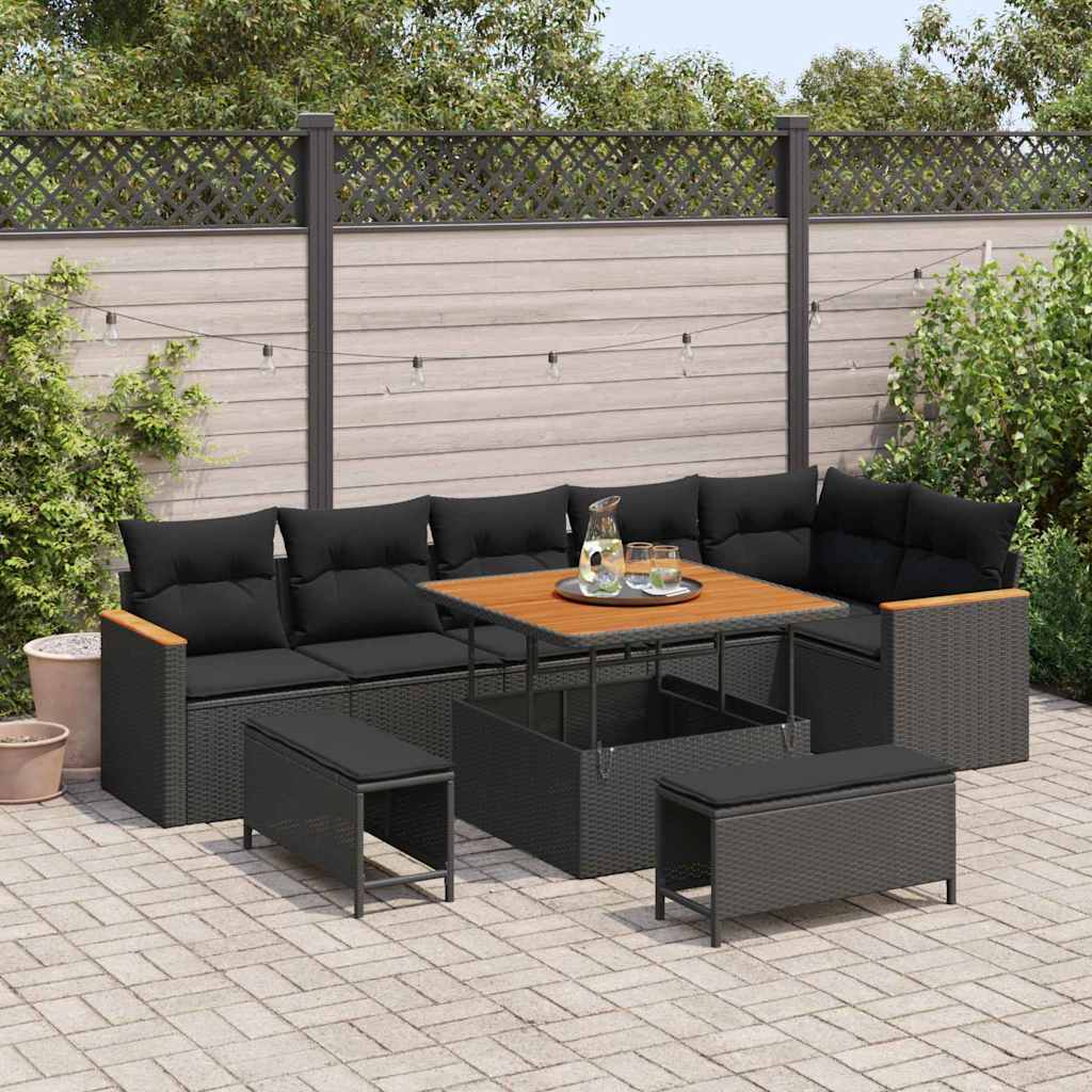 Garden Sofa Set with Cushion 9 pcs Black Poly rattan