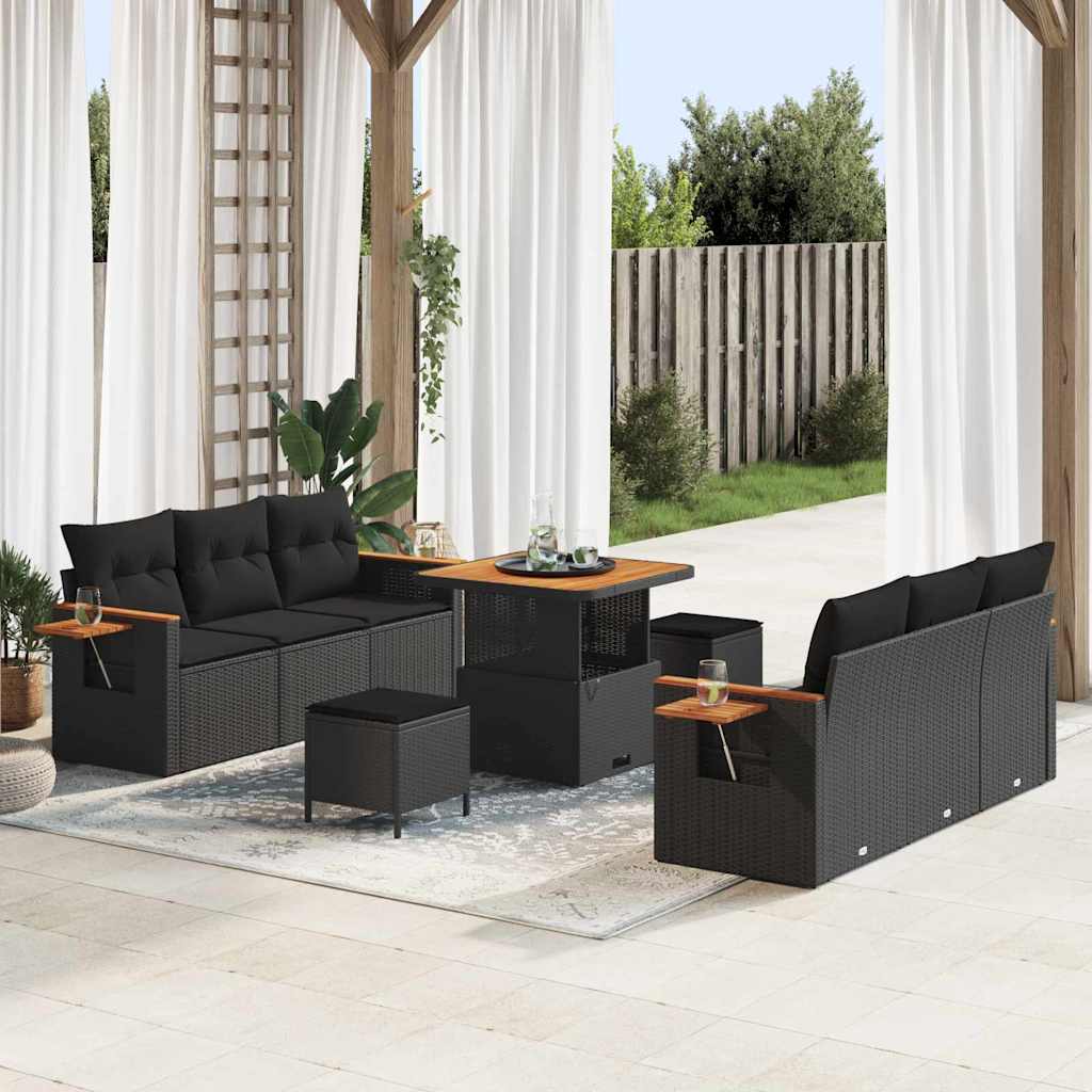 Garden Sofa Set 9 pcs Black Poly rattan and powder-coated steel