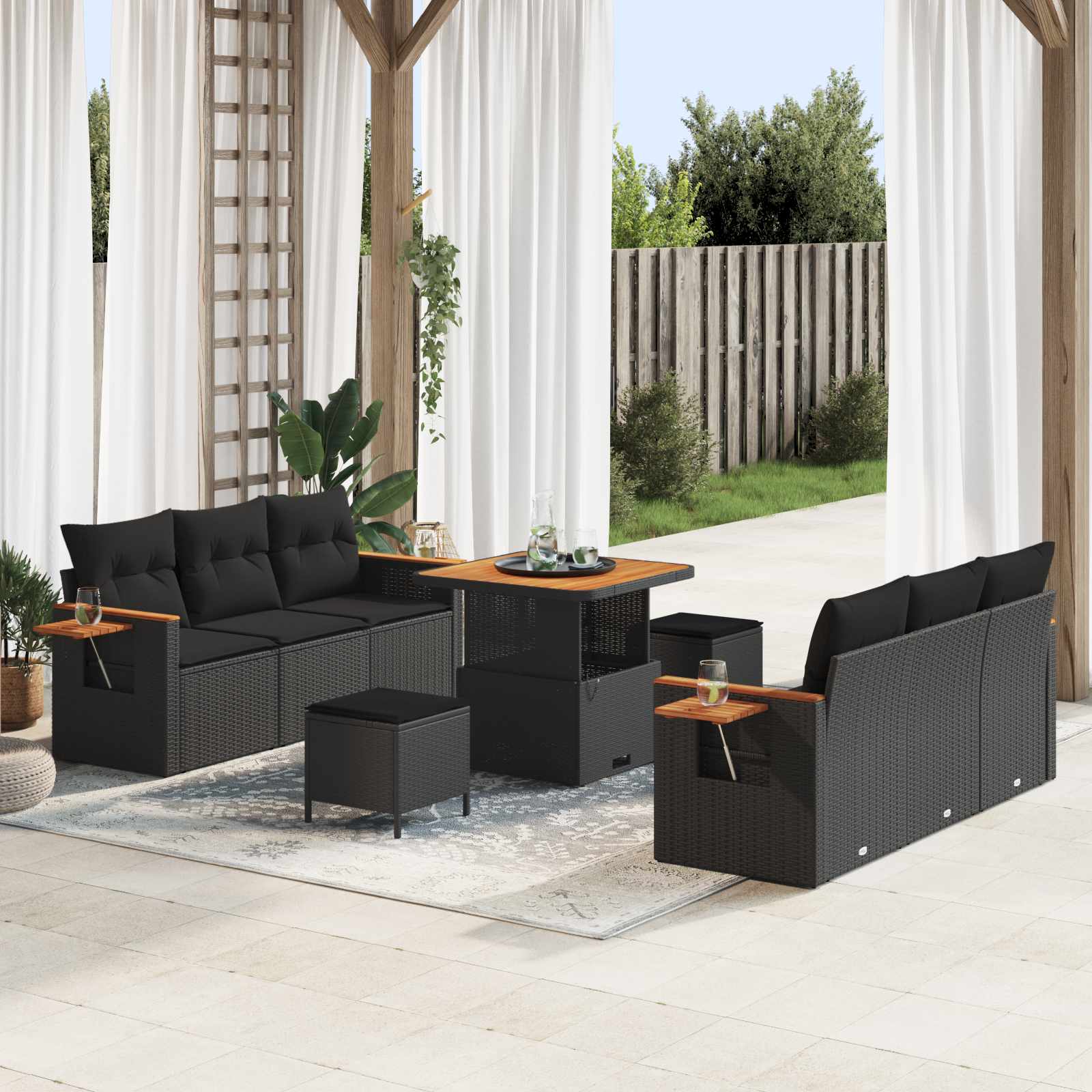 Garden Sofa Set 9 pcs Black Poly Rattan and Powder-Coated Steel