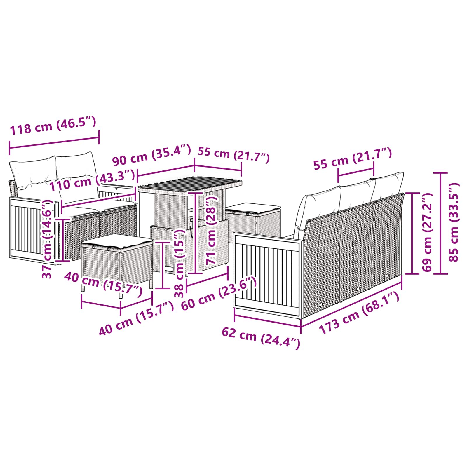 Garden Sofa Set 8 pcs Black Poly rattan and powder-coated steel