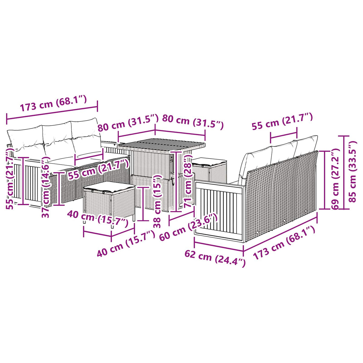 Garden Sofa Set 9 pcs Black Poly rattan and powder-coated steel