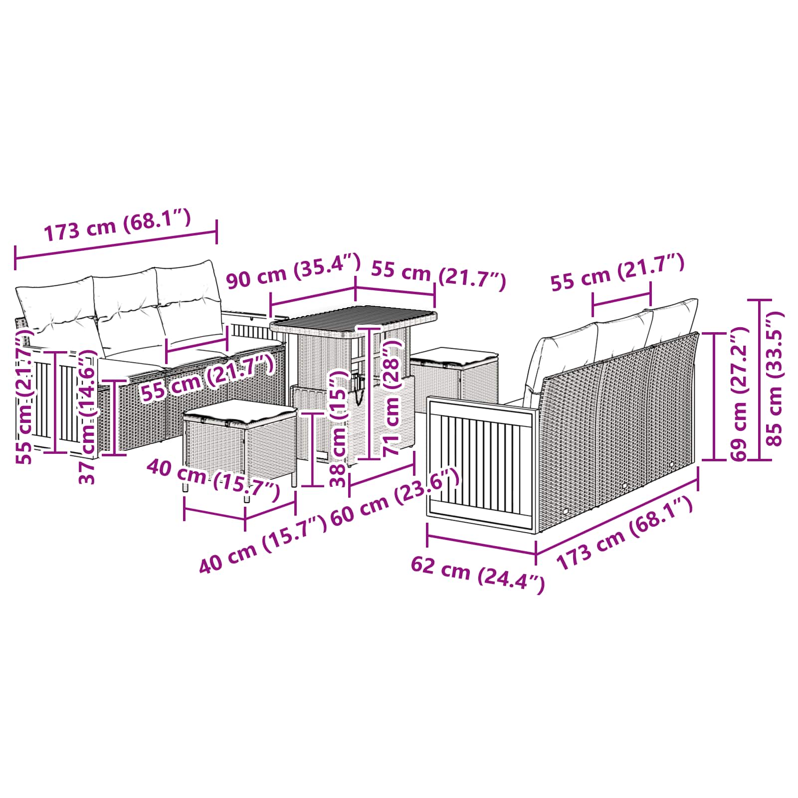 Garden Sofa Set 9 pcs Black Poly rattan and powder-coated steel