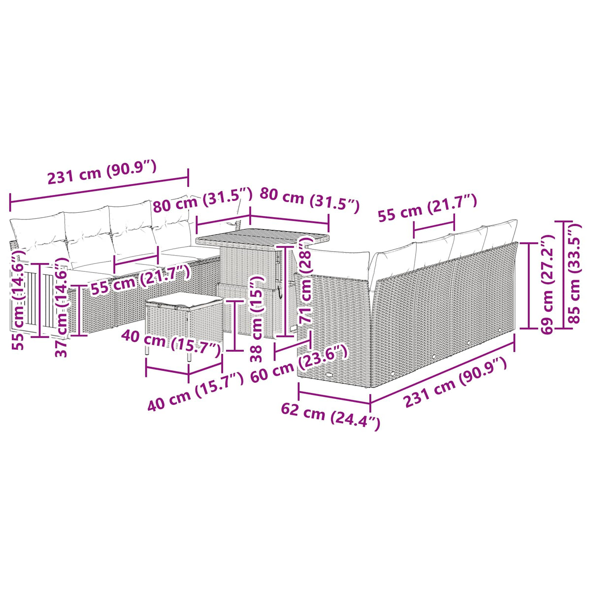 Garden Sofa Set with Cushion Manual 11 pcs Black