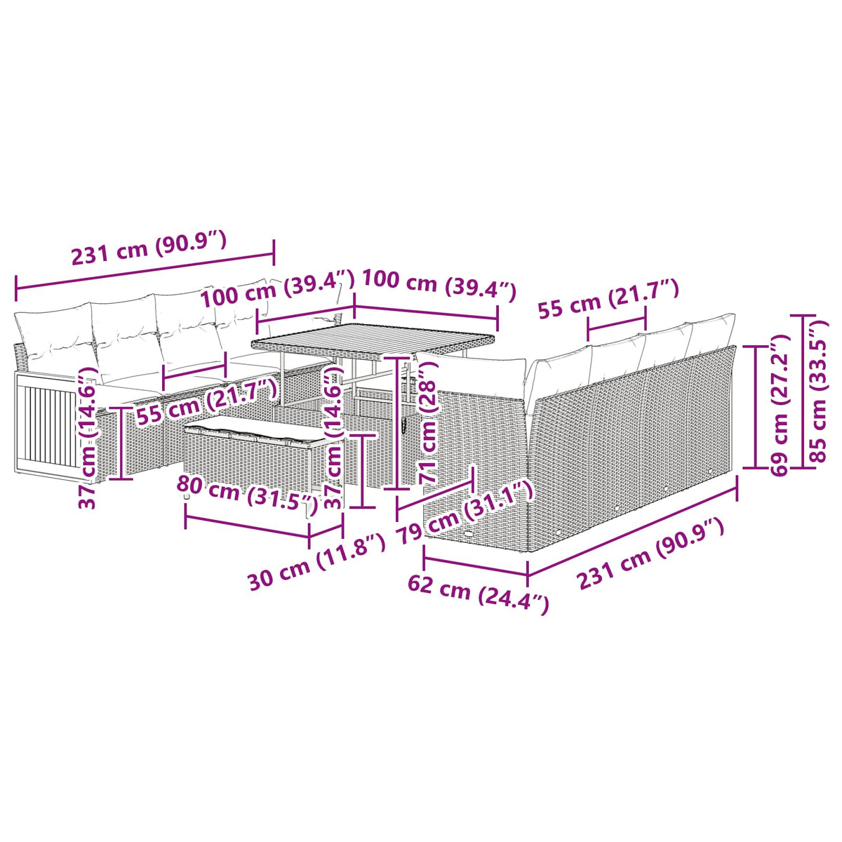Garden Sofa Set with Cushion Manual 11 pcs Black