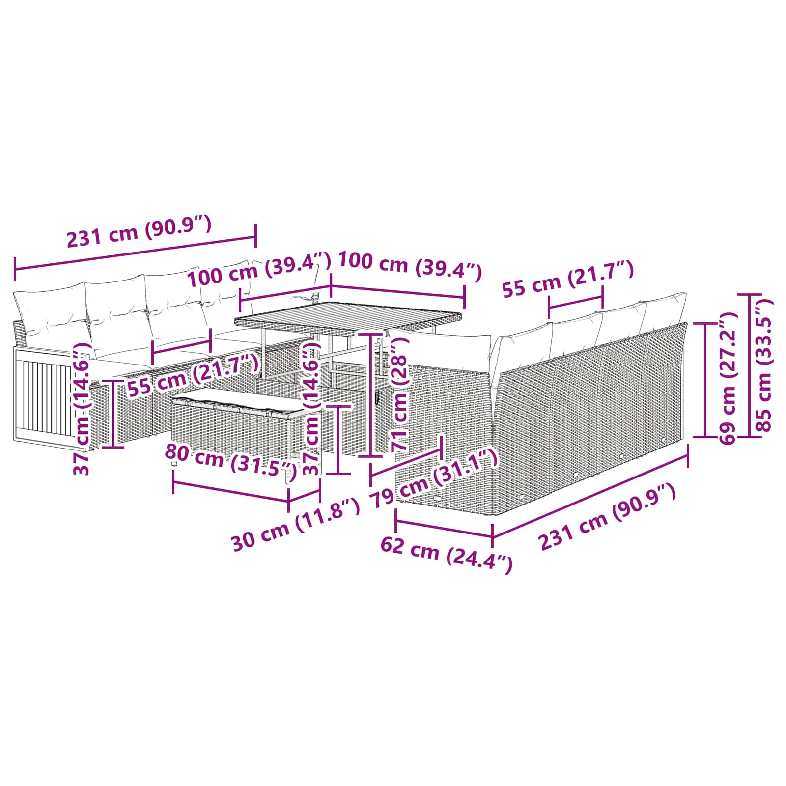 Garden Sofa Set with Cushion Manual 11 pcs Black