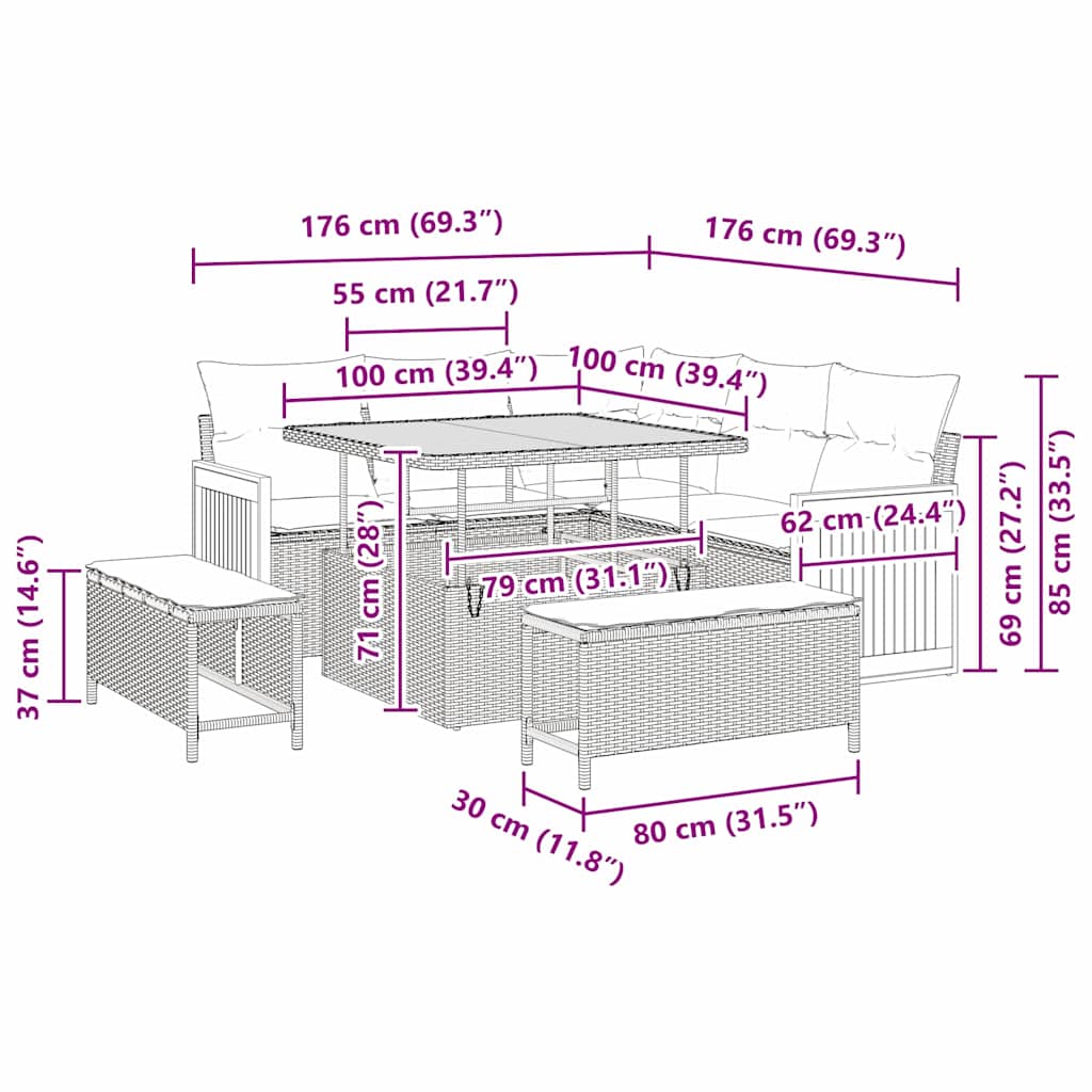 Garden Sofa Set 8 pcs Black Poly rattan and powder-coated steel