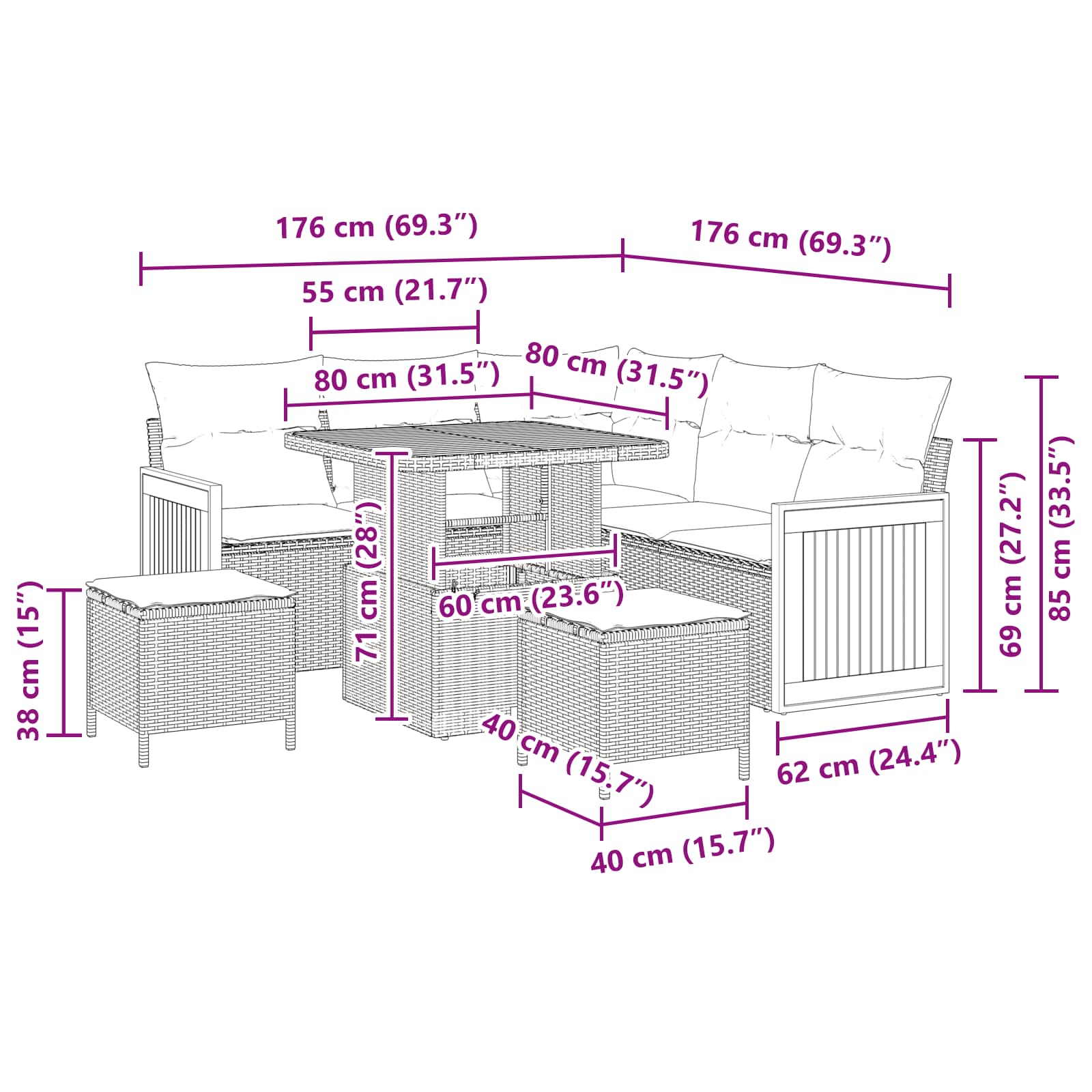 Garden Sofa Set 8 pcs Black Poly rattan and powder-coated steel
