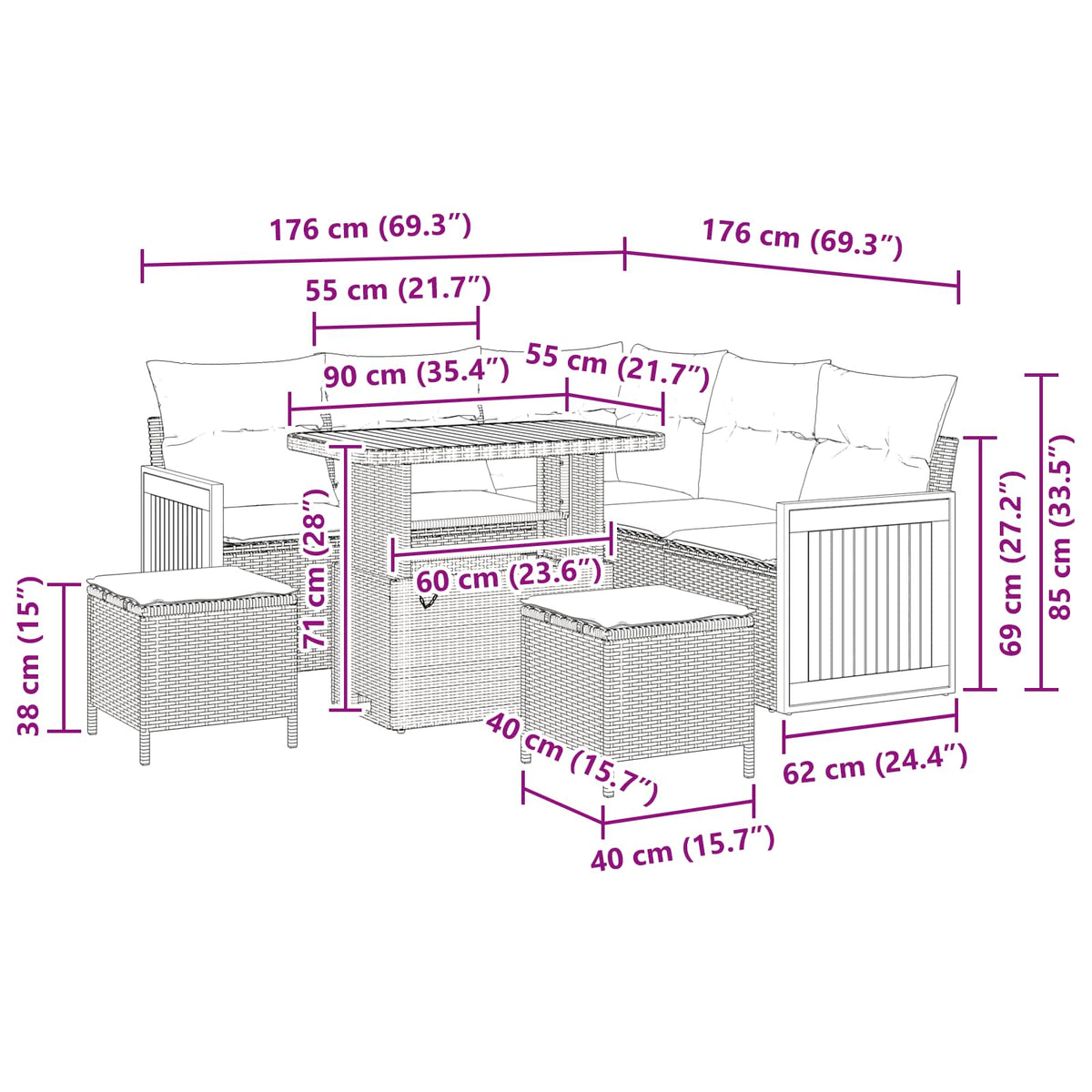 Garden Sofa Set 8 pcs Black Poly rattan and powder-coated steel