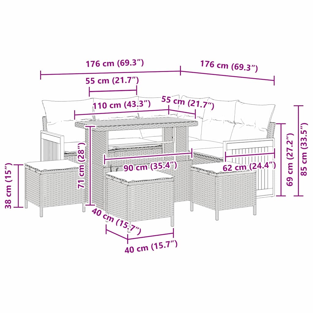 Garden Sofa Set with Cushion 9 pcs Black 110 x 55 x 71 cm