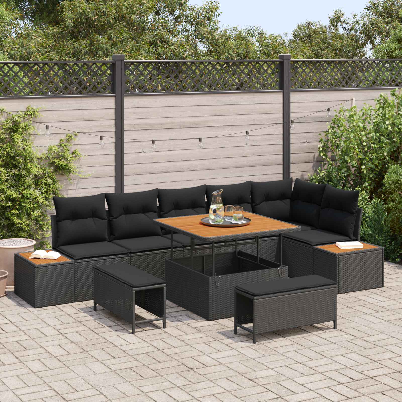 Garden Sofa Set 9 pcs Black Poly Rattan and Powder-coated Steel