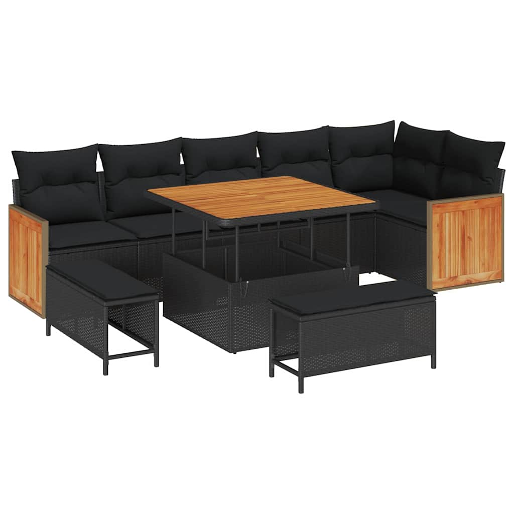 Garden Sofa Set 9 pcs Black Poly rattan and powder-coated steel
