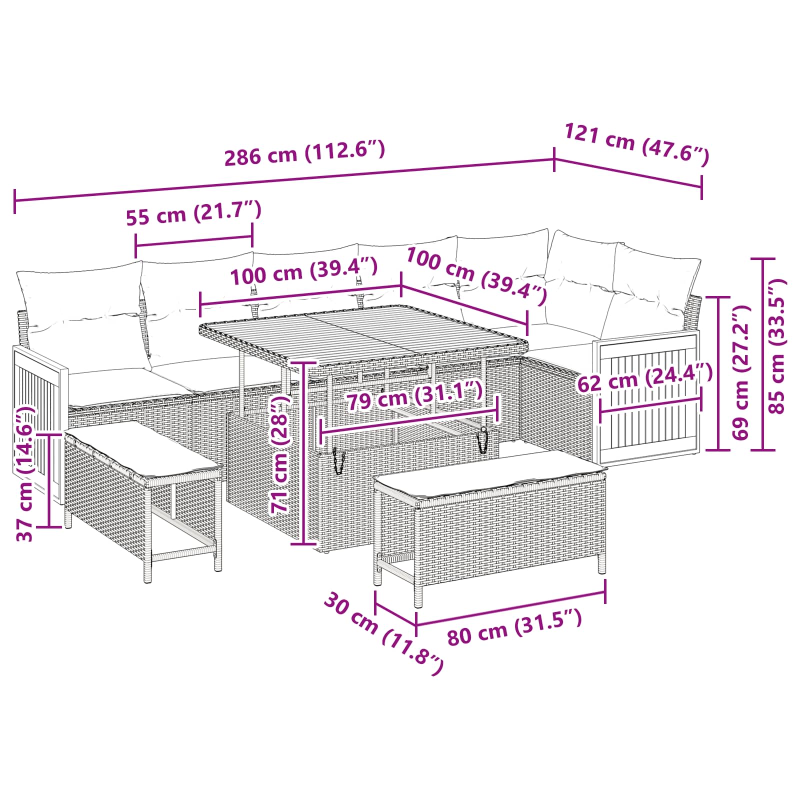 Garden Sofa Set 9 pcs Black Poly rattan and powder-coated steel