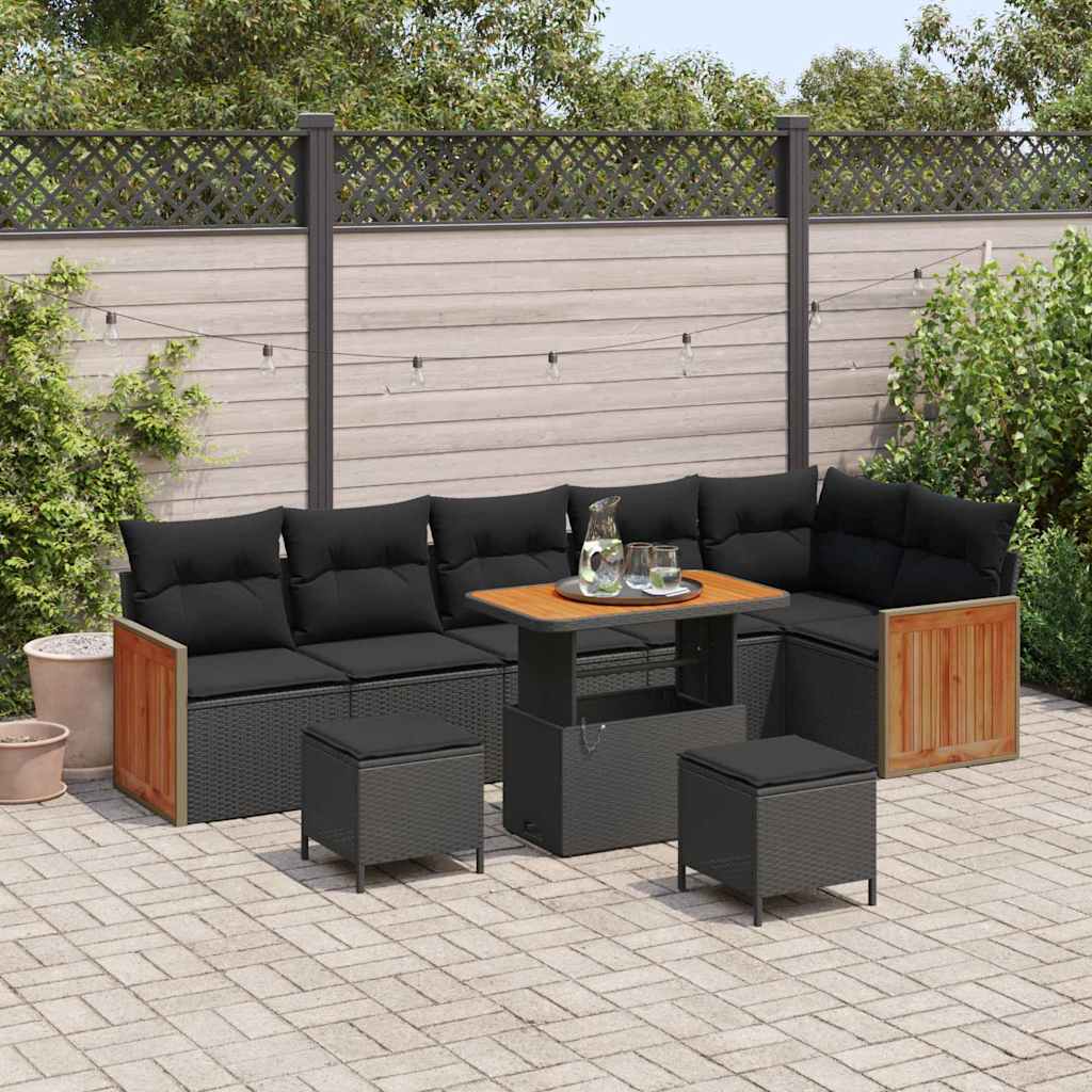 Garden Sofa Set with Cushion 9 pcs Black 90 x 55 x 71 cm