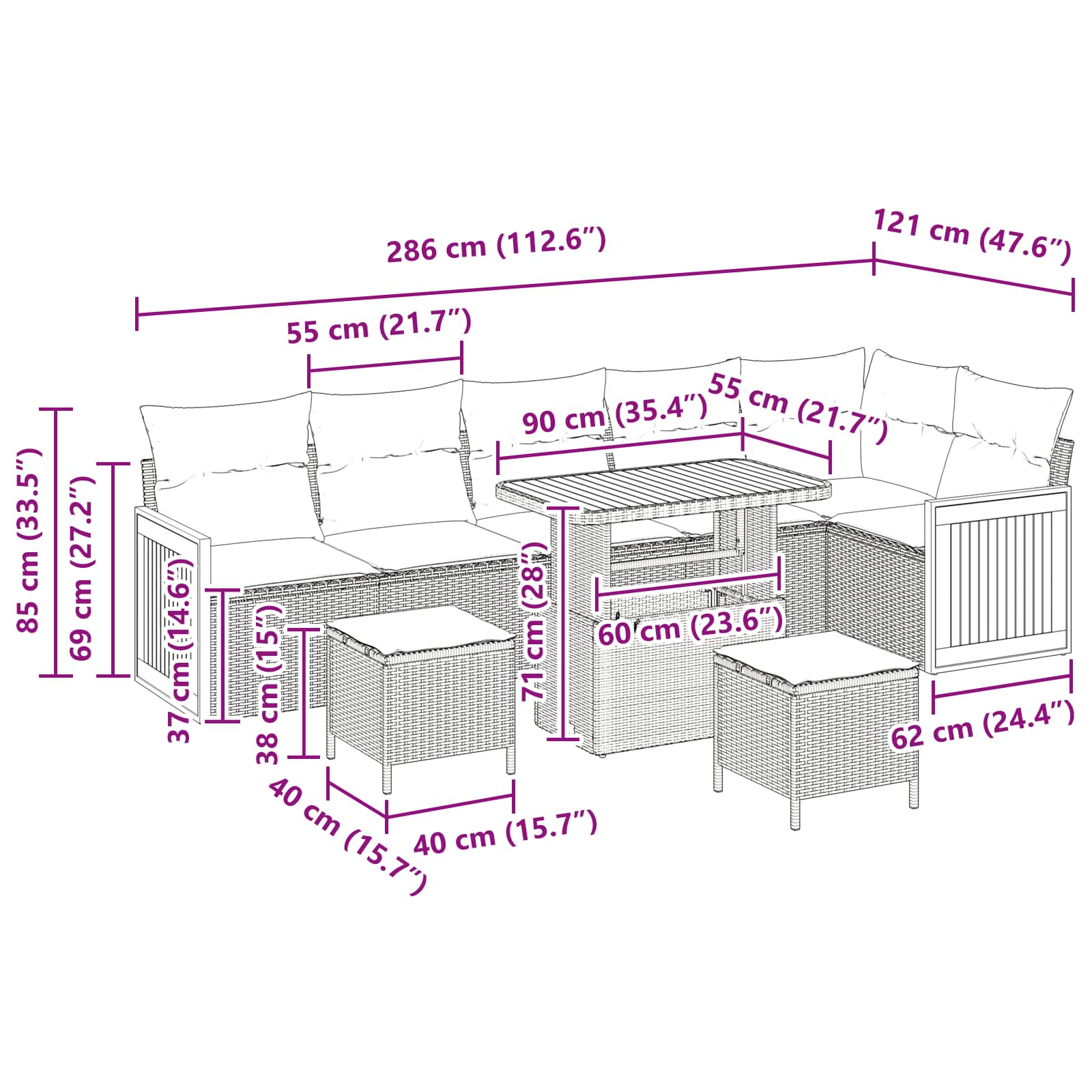 Garden Sofa Set 9 pcs Black Poly rattan and powder-coated steel