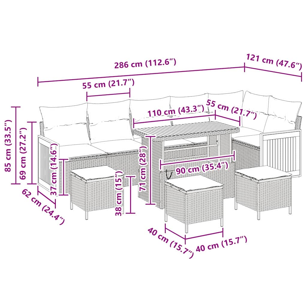 Garden Sofa Set with Cushion 10 pcs Black 110 x 55 x 71 cm