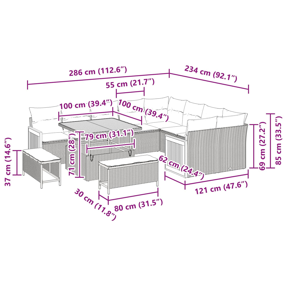 Garden Sofa Set with Cushion 12 pcs Black 100 x 100 x 71 cm