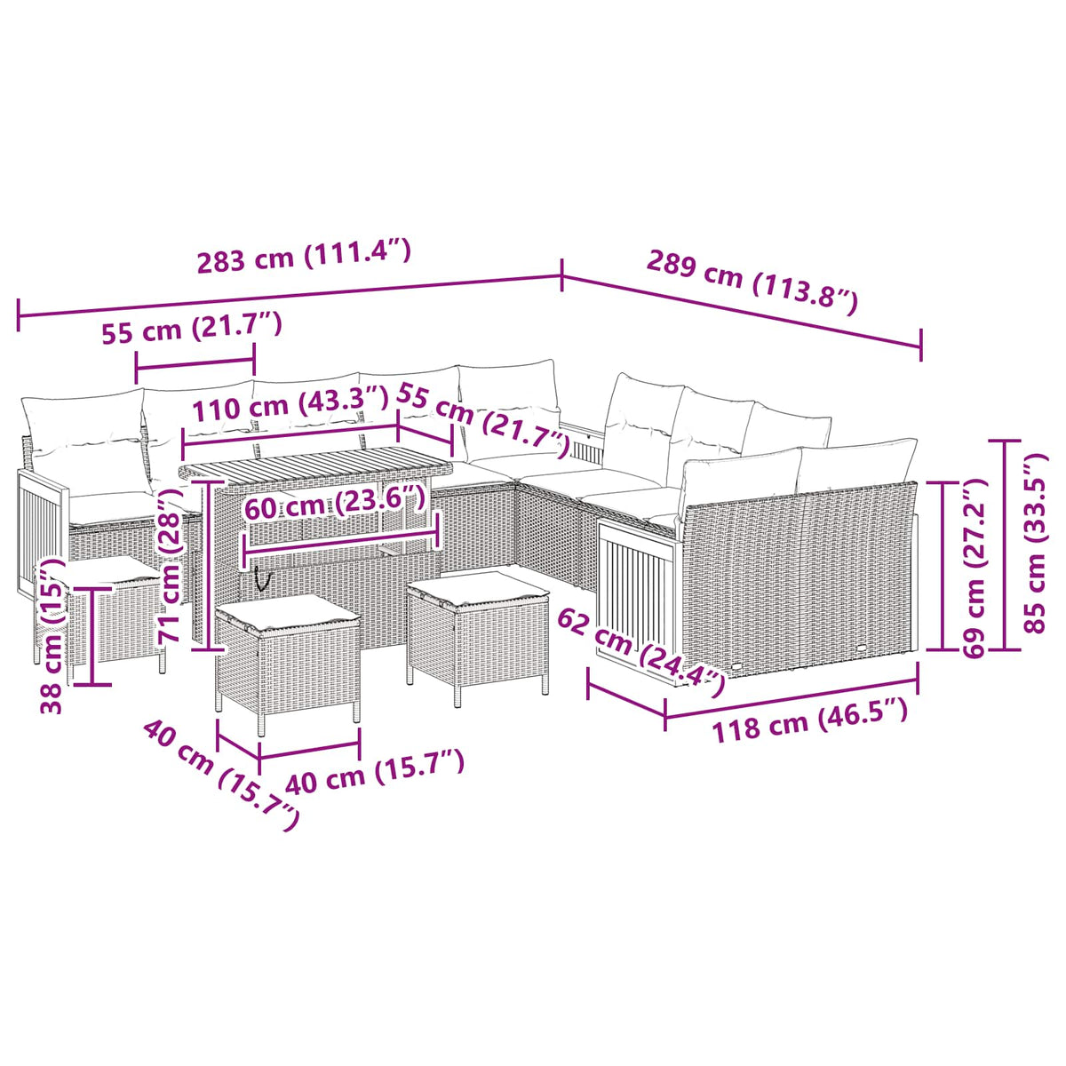 Garden Sofa Set with Cushion 14 pcs Black