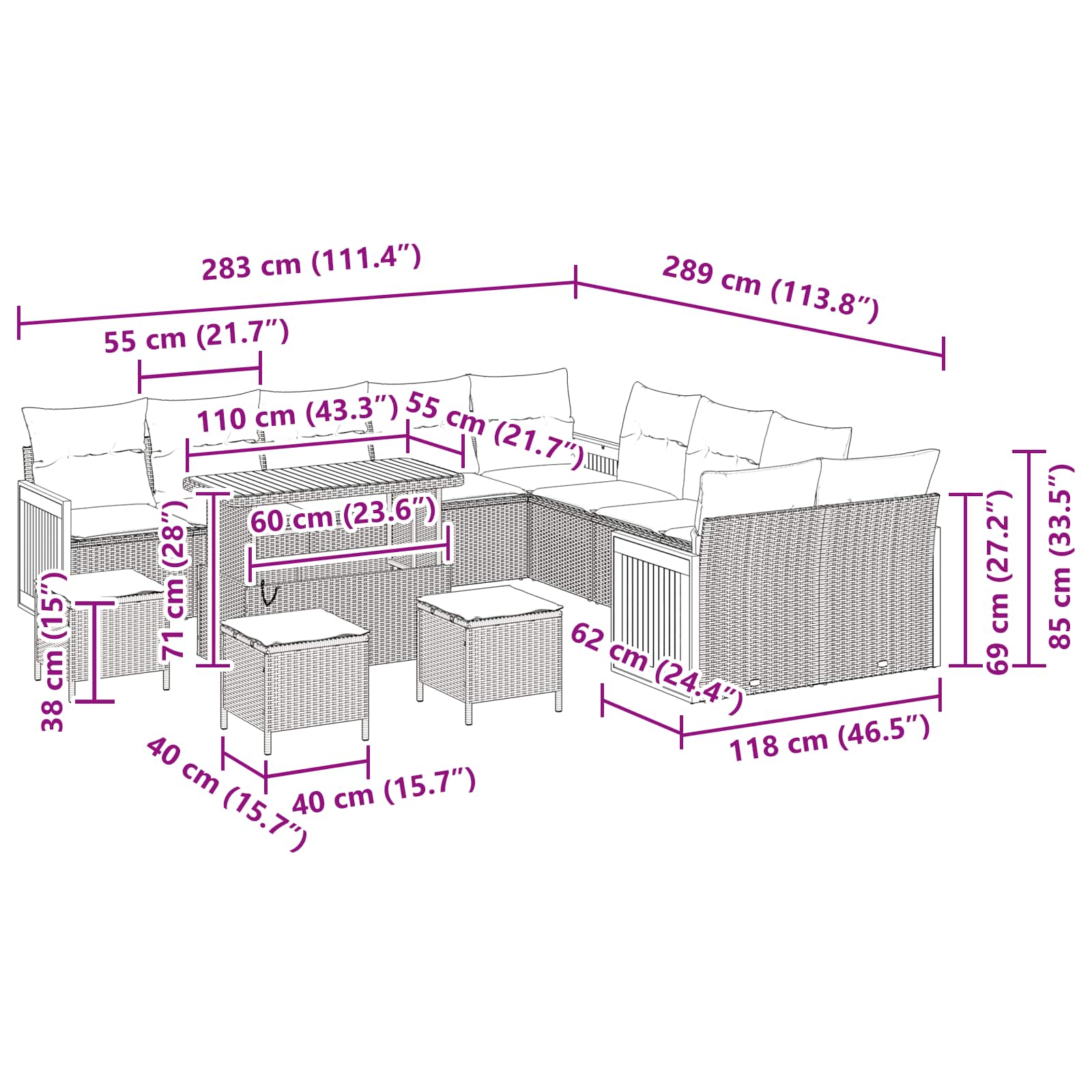 Garden Sofa Set with Cushion 14 pcs Black