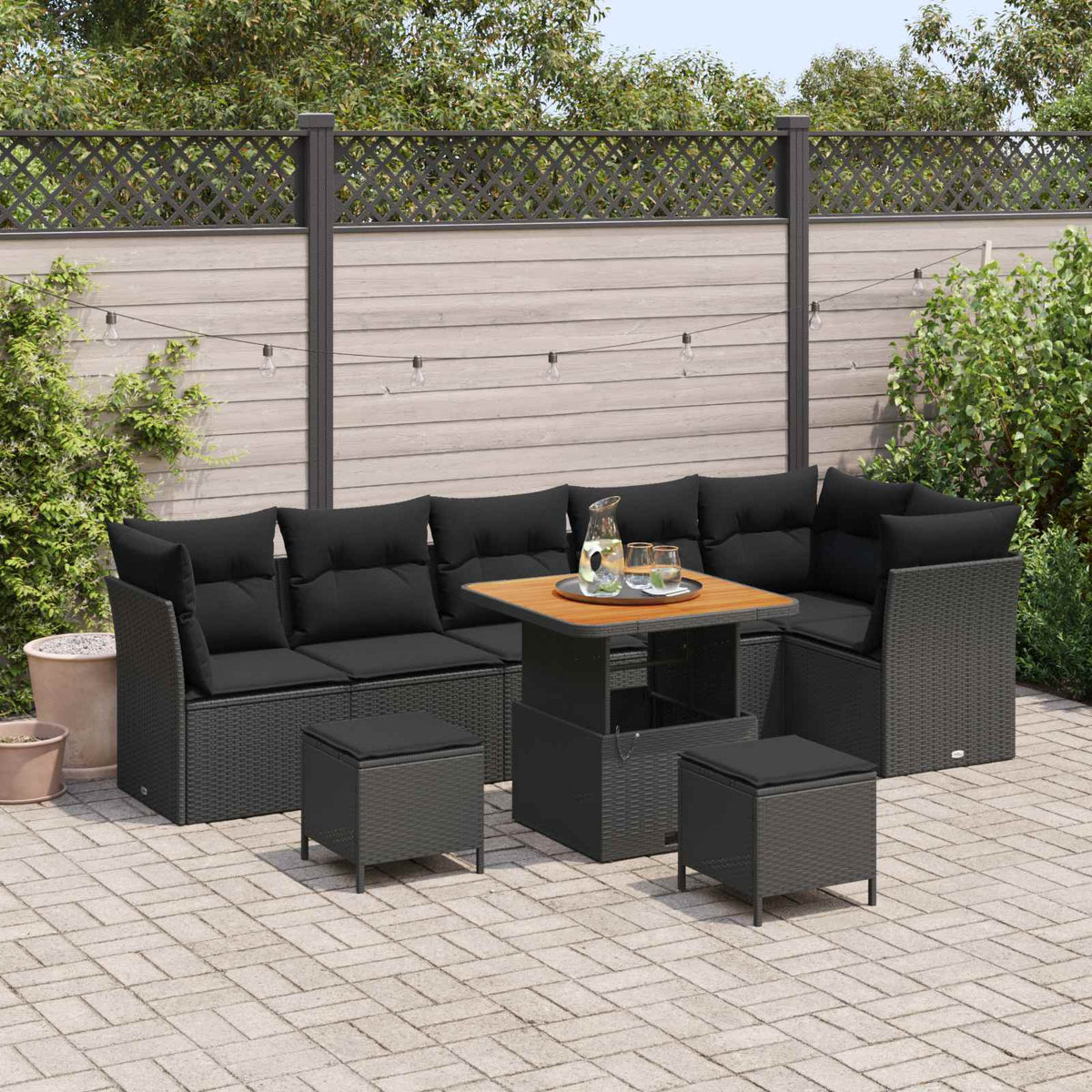 Garden Sofa Set 9 pcs Black Poly rattan and powder-coated steel