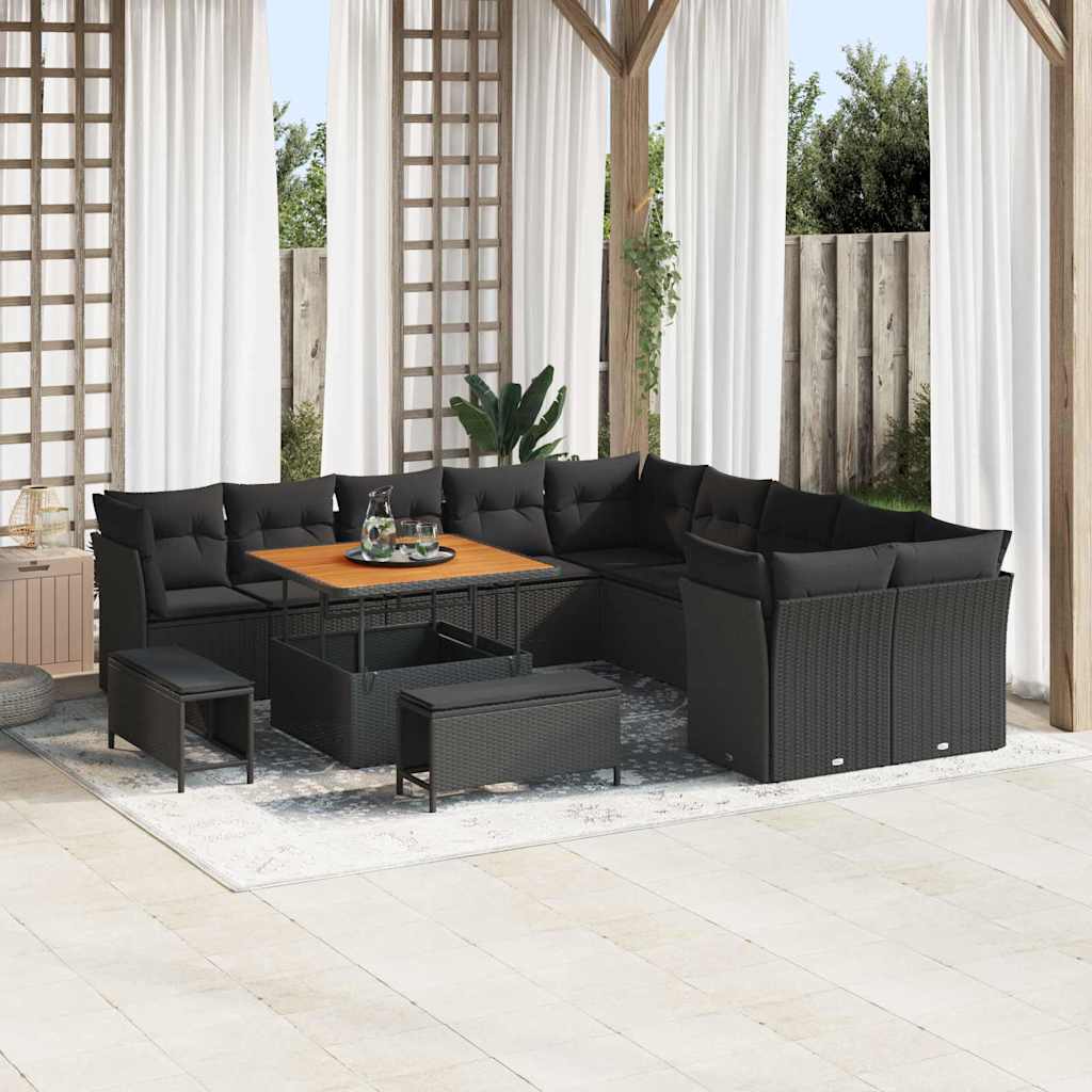 Garden Sofa Set with Cushion 13 pcs Black Poly Rattan