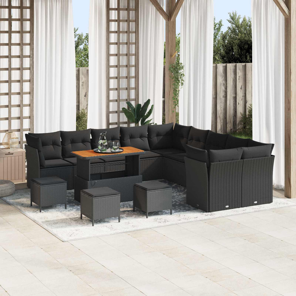 Garden Sofa Set with Cushion 14 pcs Black Poly Rattan