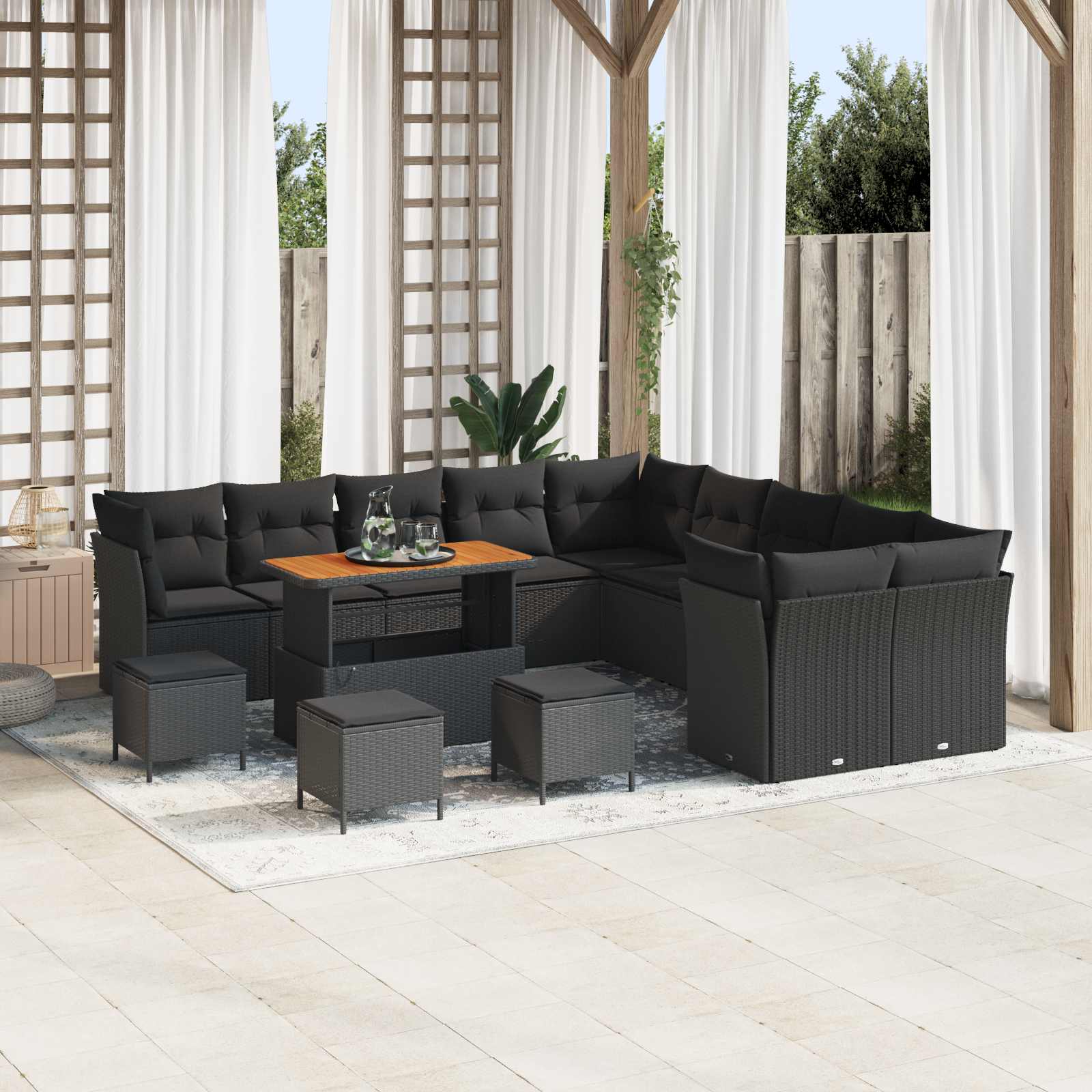 Garden Sofa Set with Cushion 14 pcs Black Poly Rattan
