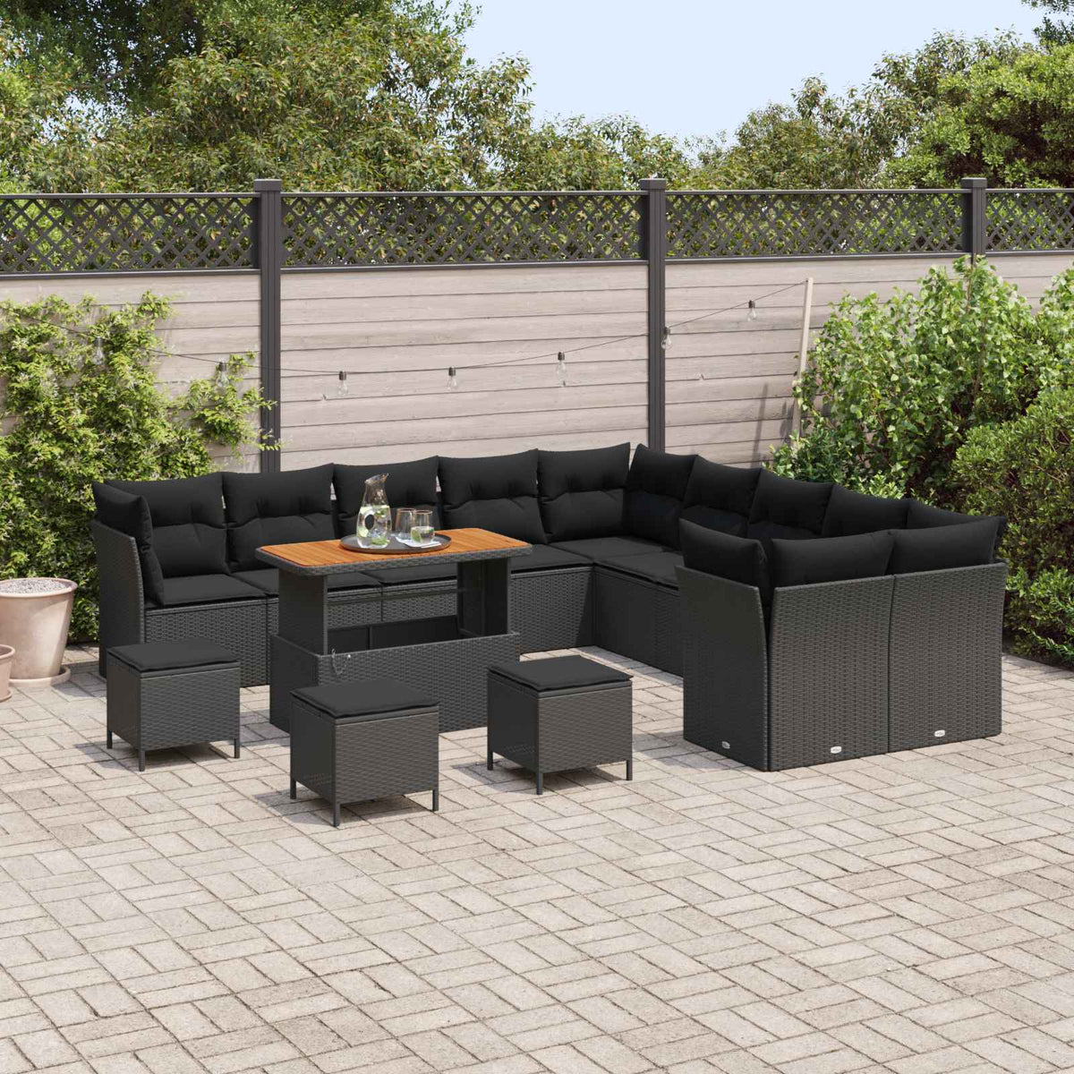 Garden Sofa Set with Cushion 14 pcs Black Poly Rattan