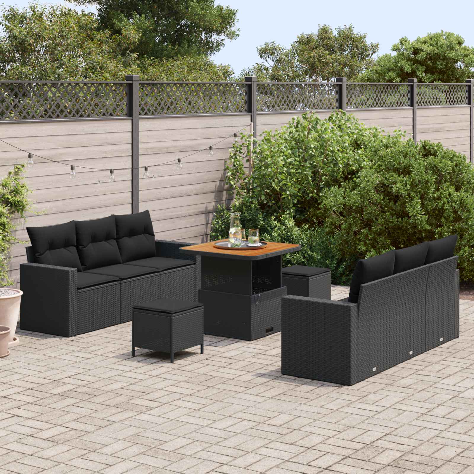 Garden Sofa Set 9 pcs Black Poly rattan and powder-coated steel