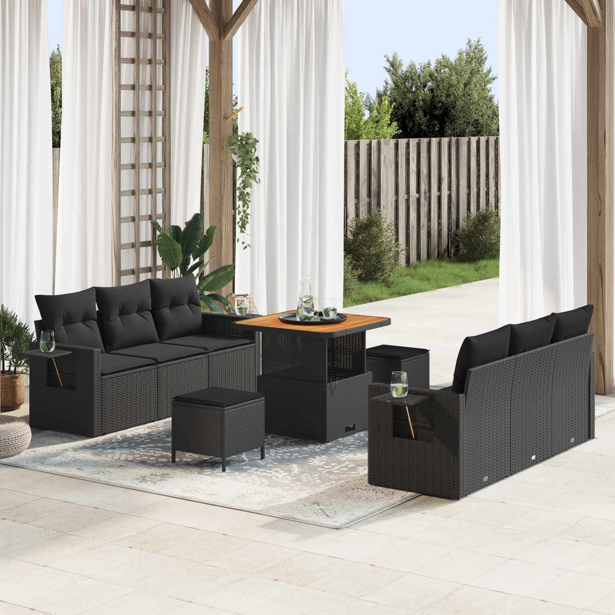 Garden Sofa Set 9 pcs Black Poly rattan and powder-coated steel