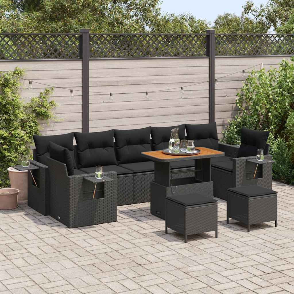 Garden Sofa Set with Cushion 10 pcs Black Poly Rattan