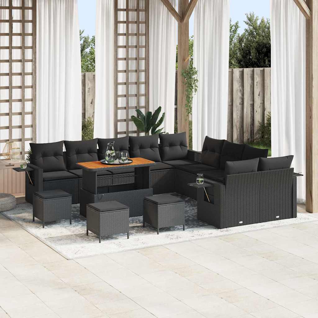 Garden Sofa Set with Cushion 14 pcs Black Poly Rattan